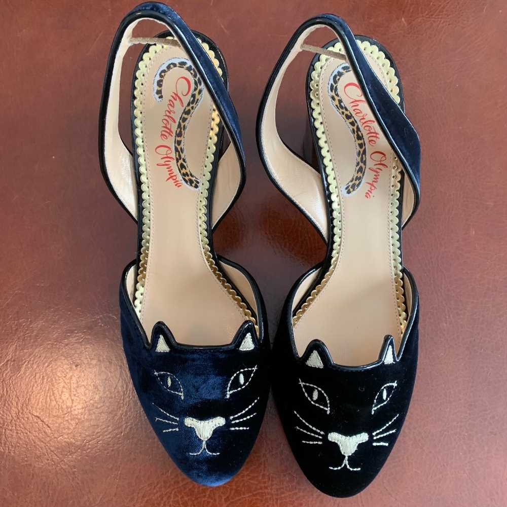 Charlotte Olympia Navy Velvet Kitty Sling Back Shoes, size 39